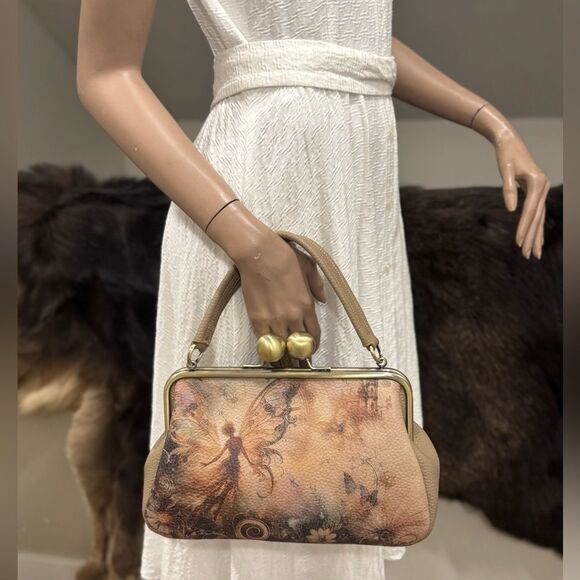 Unique Fairy Print Pebble Cowhide Handmade Large Ball Kisslock Handbag/Multi Use - Picture 4 of 16